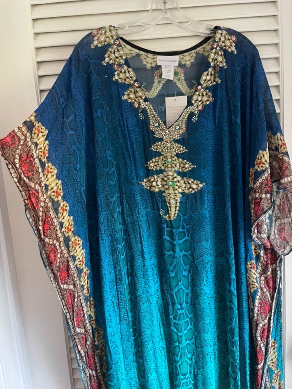 Soft Surroundings Blue Snake Print Caftan Jeweled Rayon O/S Style 56703 NWT